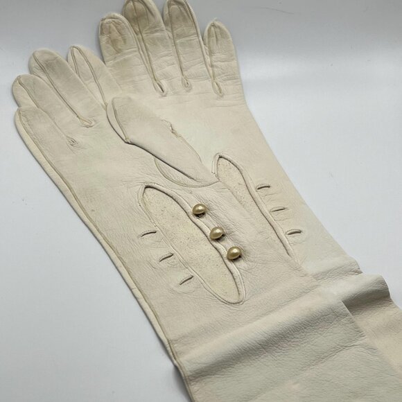 Vintage Italian Leather White 21” Long Above the Elbow Opera Gloves Small - Picture 1 of 9